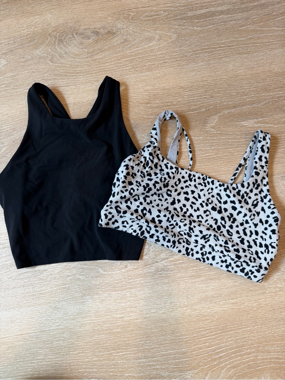 Athleta Black Racerback Crop Tank with White and Black Leopard Print Bralette